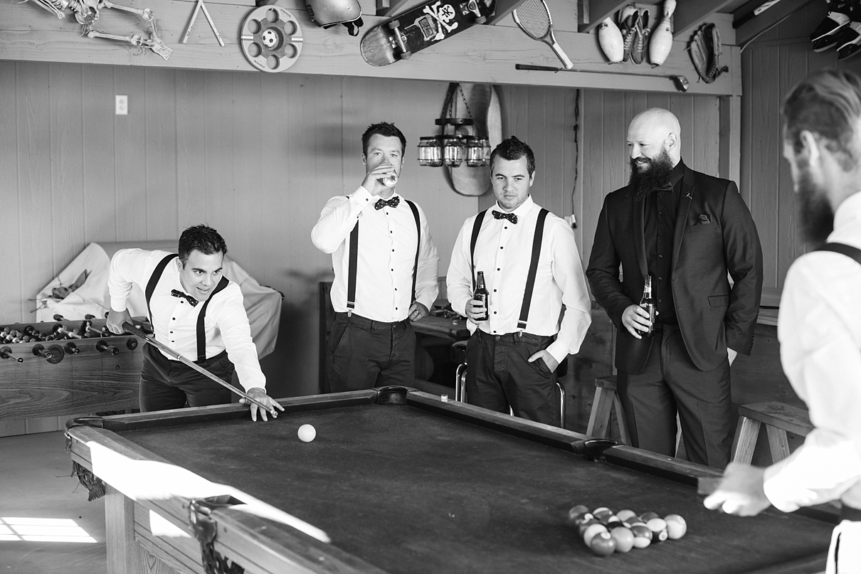 groomsmen getting ready, groomsmen playing pool, backyard wedding