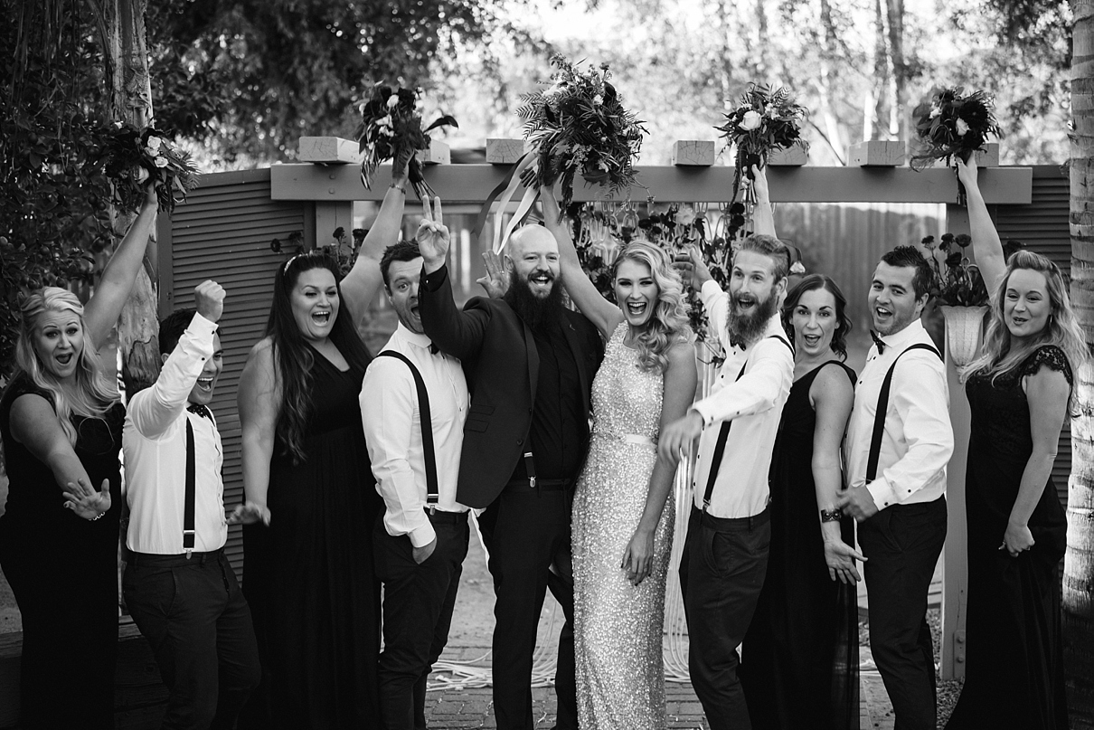 suspenders and bowties, vintage wedding, black bridesmaid dresses, gold wedding dress, circus wedding, sweet petals florist, backyard wedding, menifee wedding