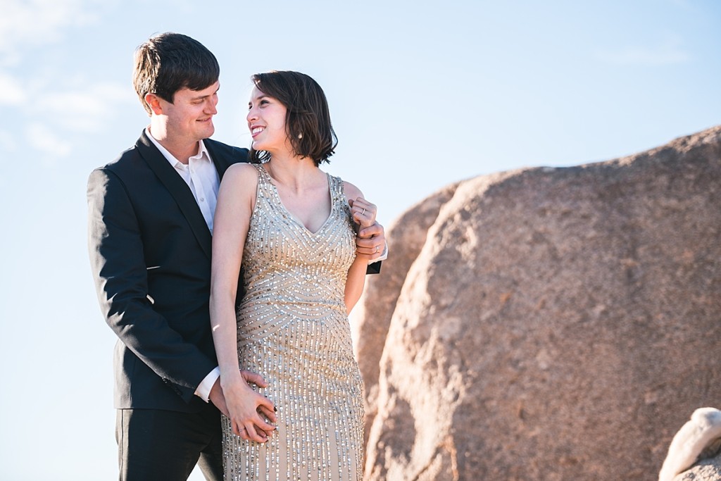 joshua tree photographer, gold dress, desert couples session, southern california desert wedding photographer 