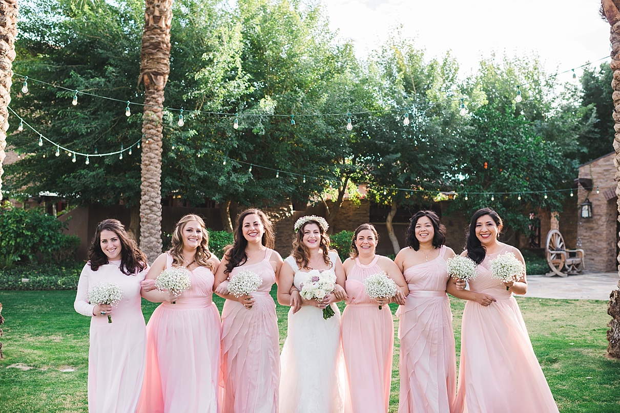 pink hued bridal party, bridesmaids in different shades of pink, babies breath bridesmaid bouquet, my little flower shop bouquet palm springs