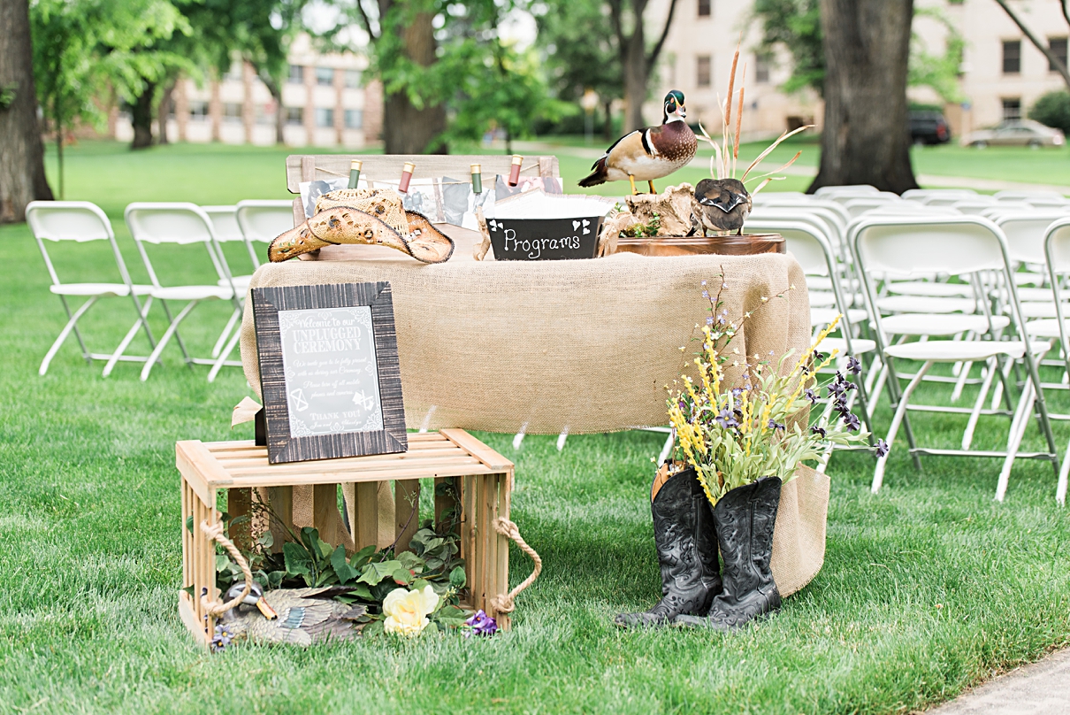 rustic program table, rustic wedding ceremony decor ideas