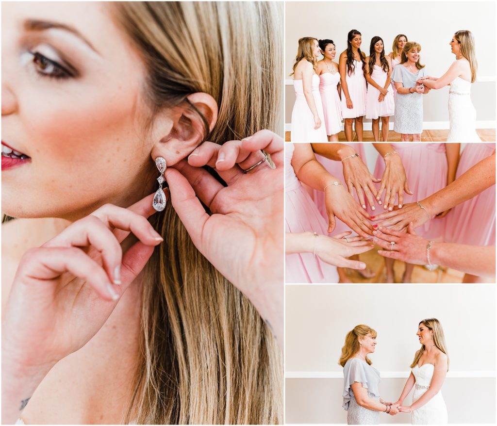 bride getting dressed with her bridesmaids