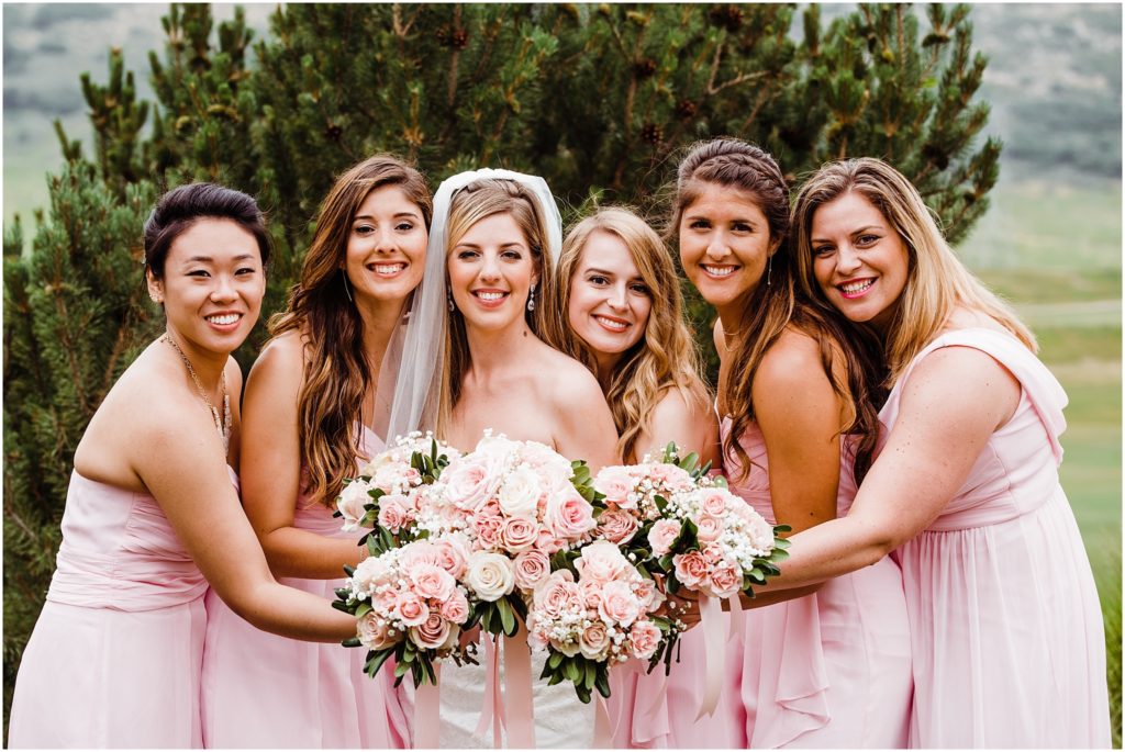 pink and gray wedding party photos