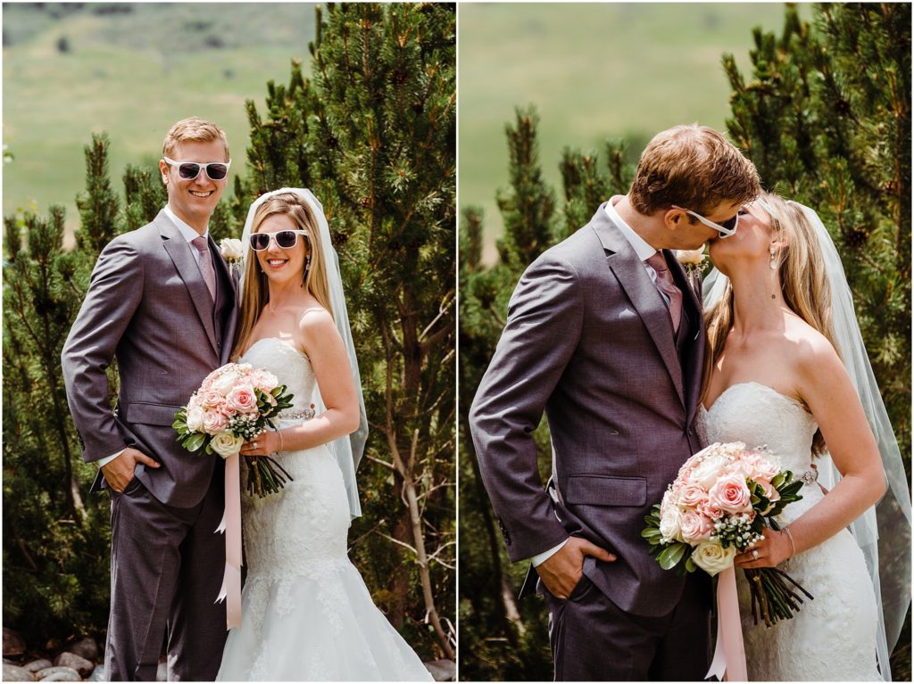bride and groom wearing sunglasses