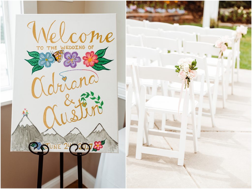 outdoor wedding ceremony with pink flowers