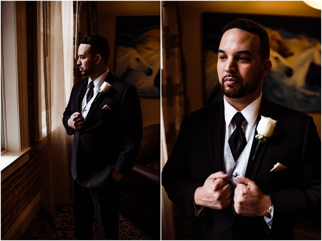 moody window light groom portrait