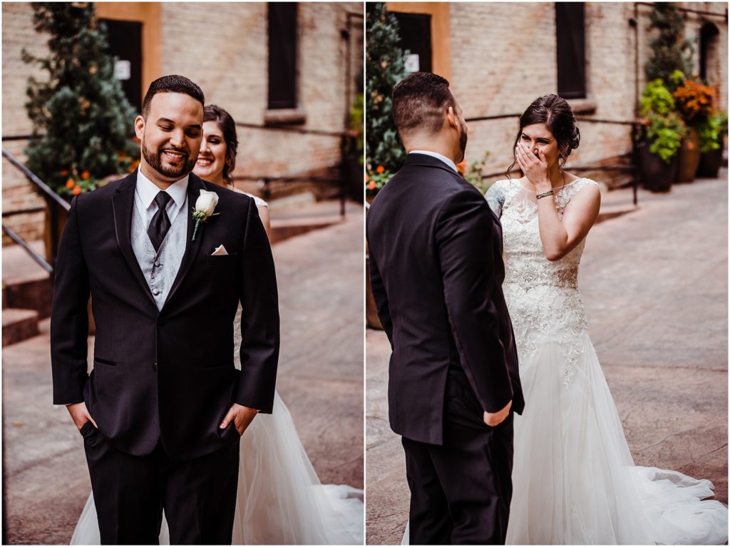 wedding first look in the alleyway at the mining exchange colorado springs