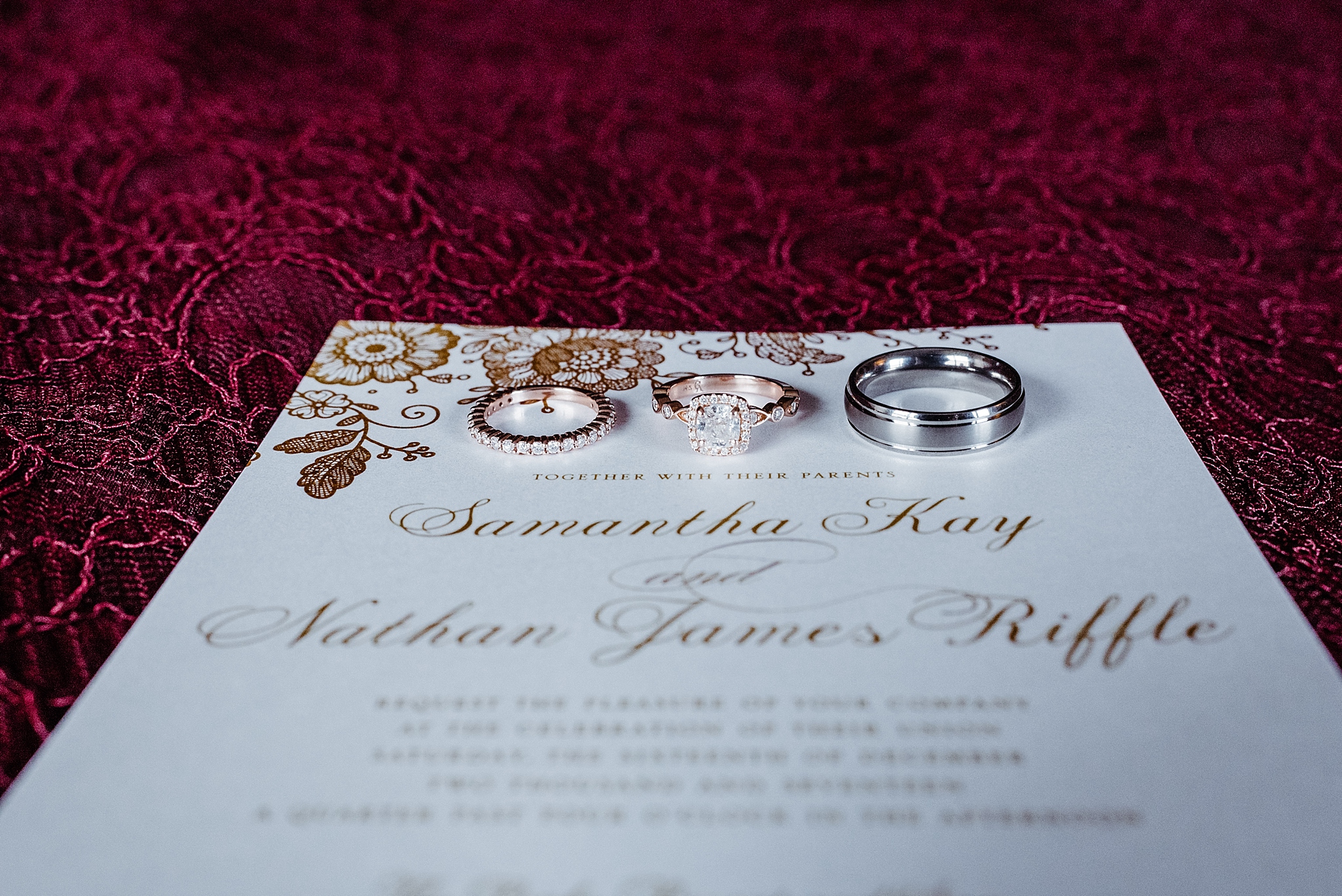 cranberry and white invitation suite