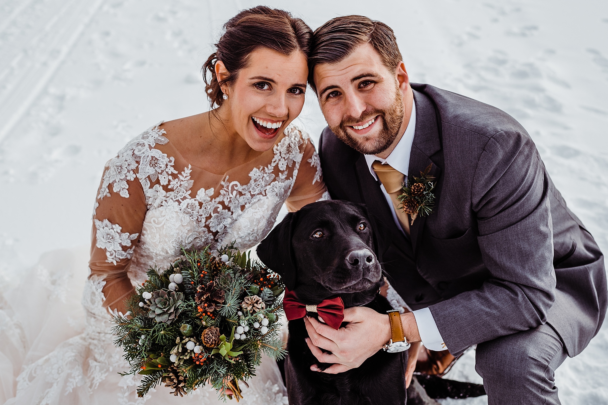 wedding couple with their ring bearer dog