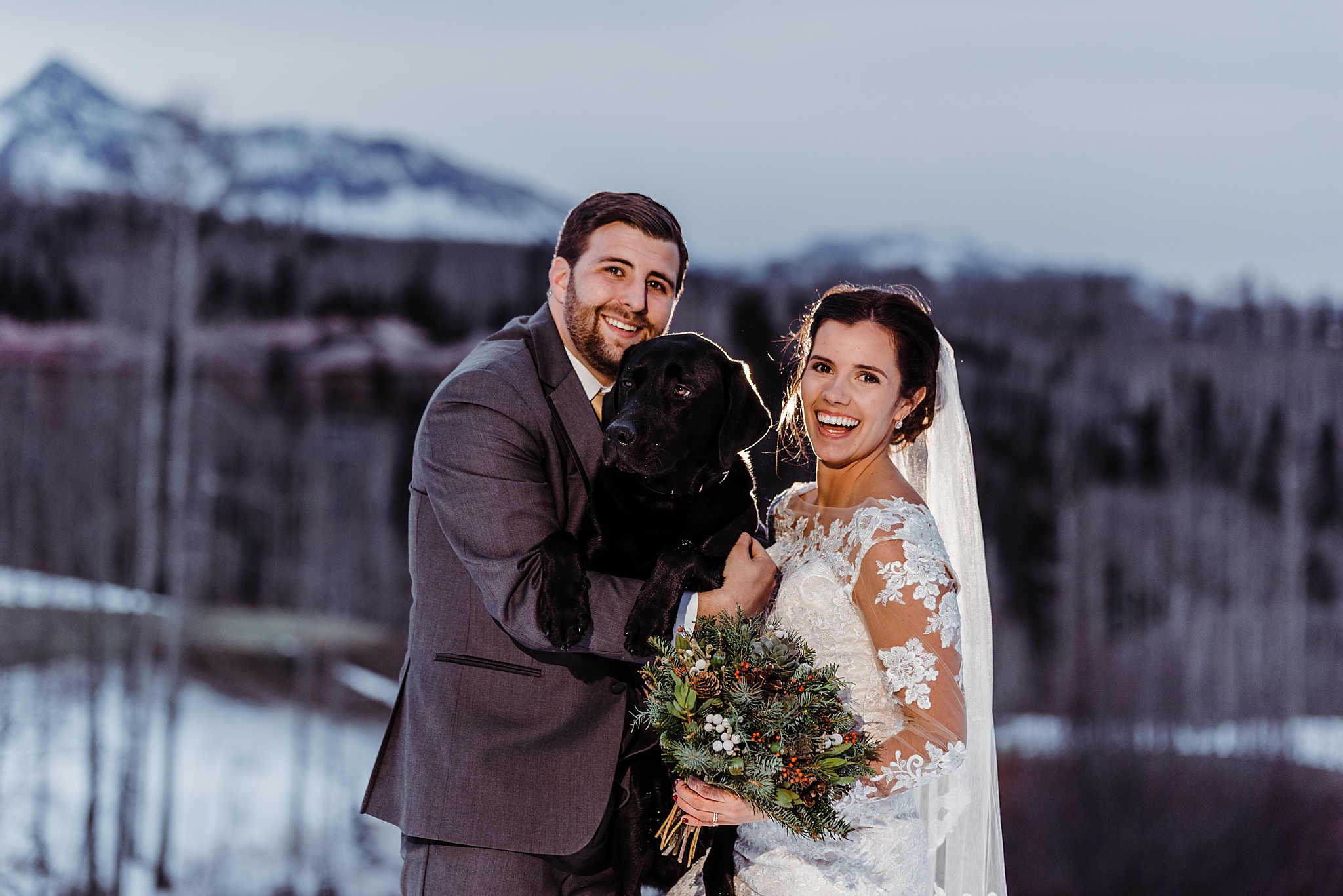 OCF wedding portraits in the snow