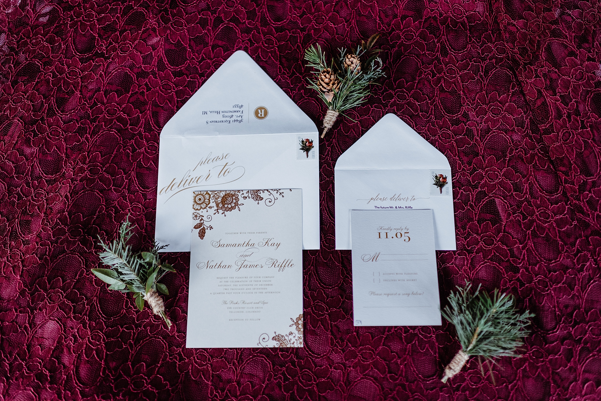 cranberry and white invitation suite