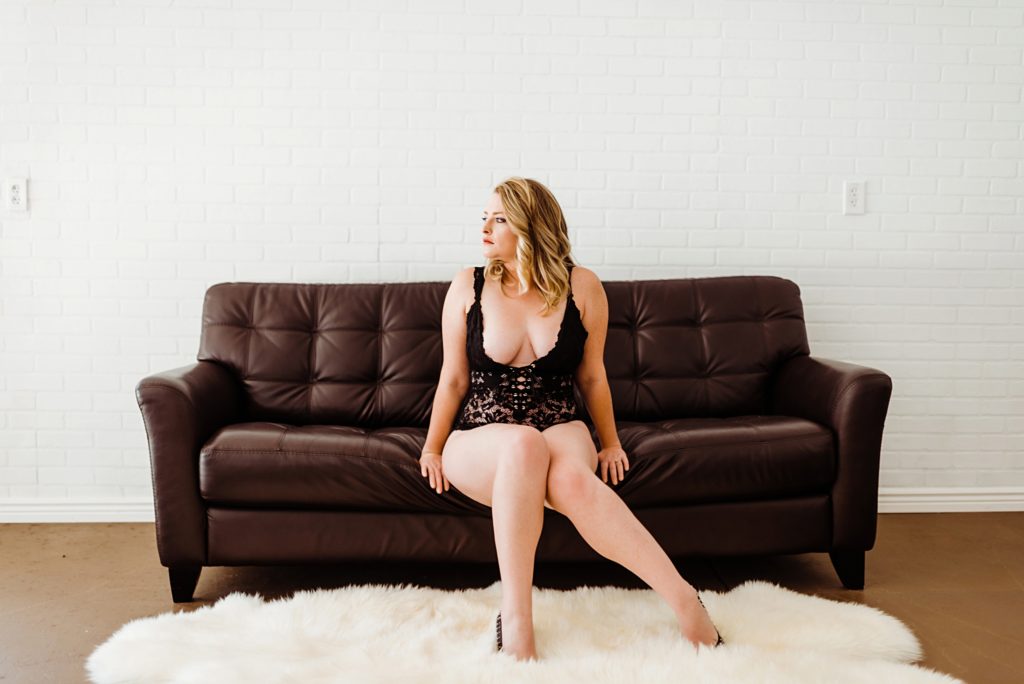 boudoir on a leather couch