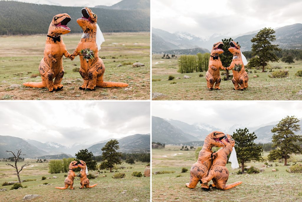 bride and groom dressed up like dinosaurs for wedding