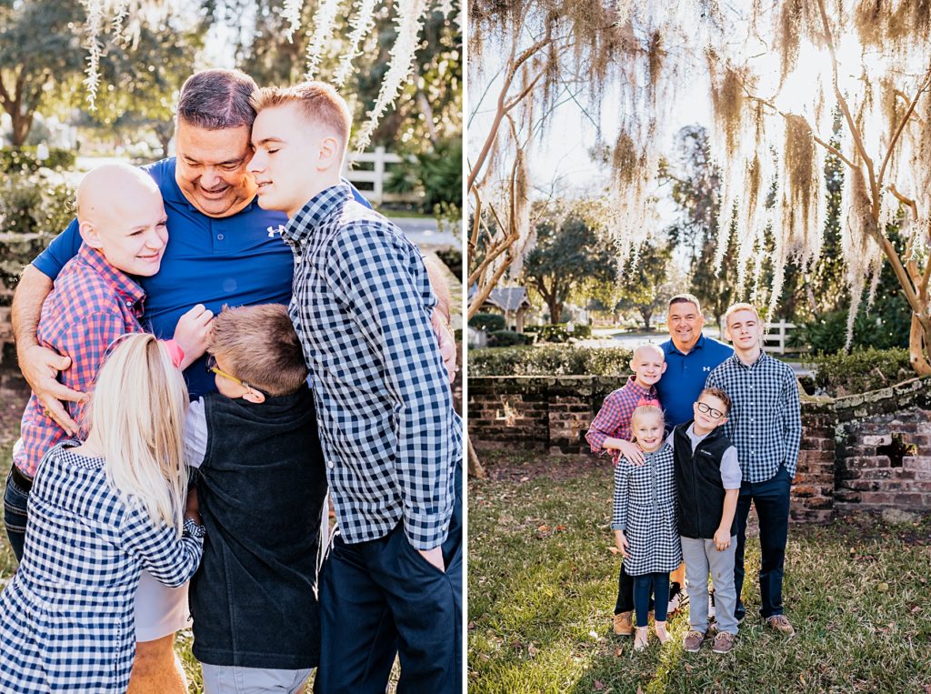 on left grandfather gets lots of love from grandchildren and on right grandfather and grandchildren standing together