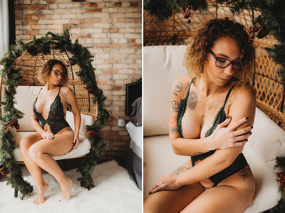 boudoir pose in egg chair with natural light