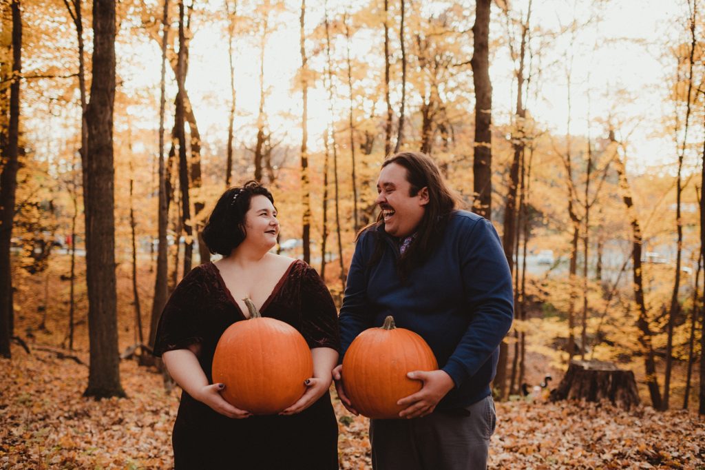 engagement session with pumpkins