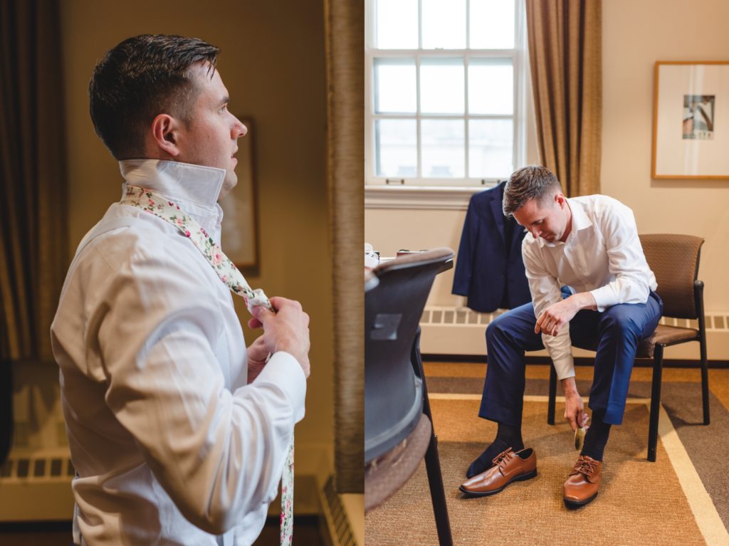 groom getting dressed at memorial union at uw madison