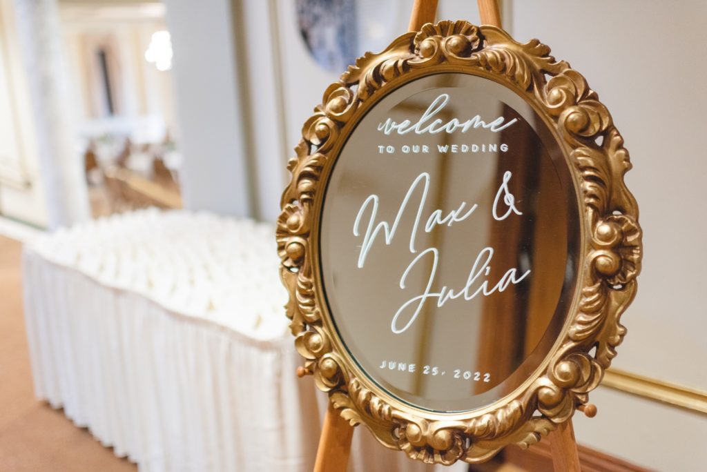 mirror welcome sign for wedding ceremony