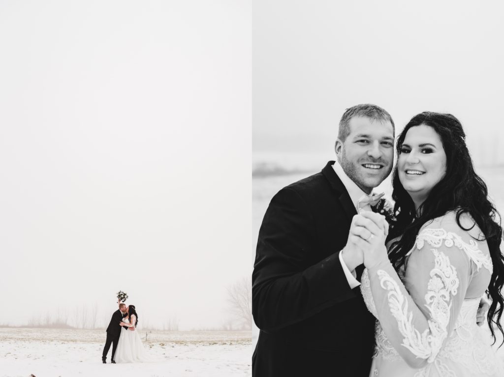bride and groom photos in snowy field with fog wisconsin winter wedding in december