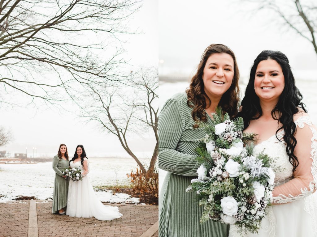 winter wedding with sage colored bridesmaid gown baltic born