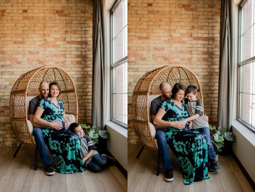 maternity photos in an egg chair