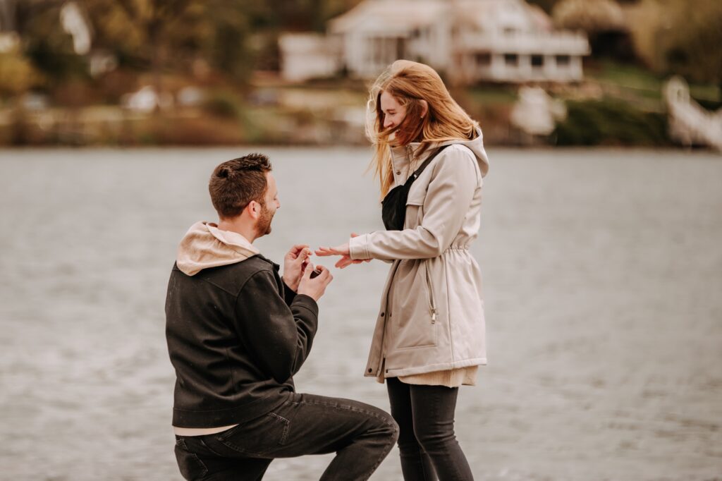 man putting ring on new fiance's finger