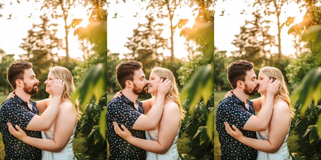 engaged couple kissing romantically