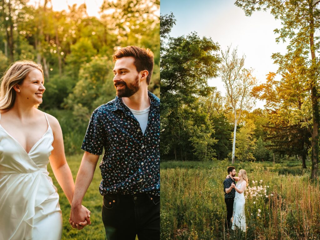 engaged couple dancing together in a field with trees
