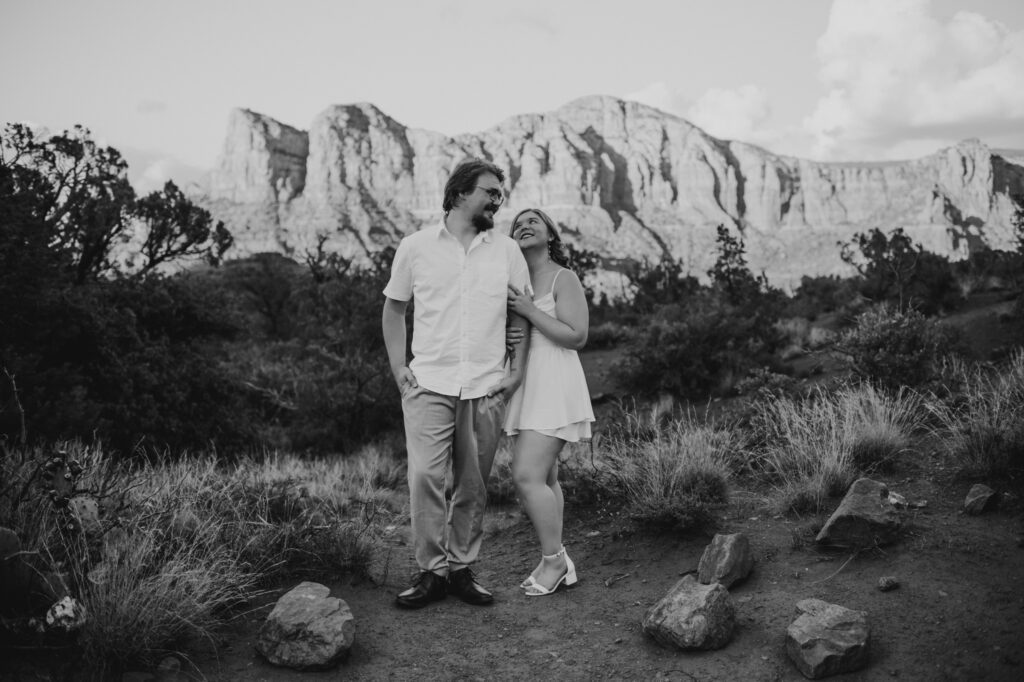 black and white engagement photos in the Arizona desert