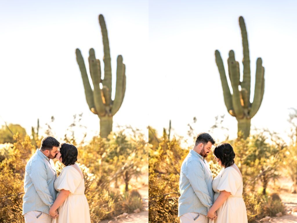 couple walking together in a cactus garden for phoenix engagement photos