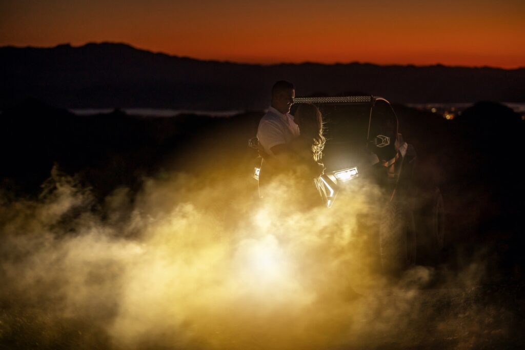 nighttime engagement photos offroading in the desert with polaris razr lake havasu city