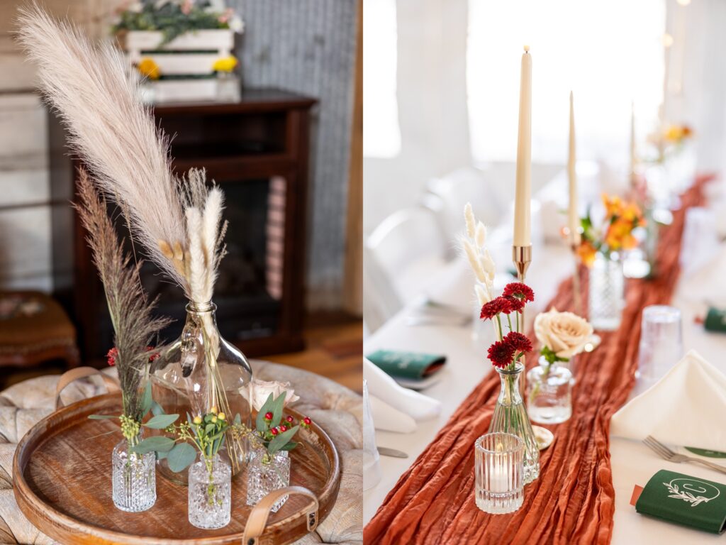 indoor wedding reception details rust and forest green