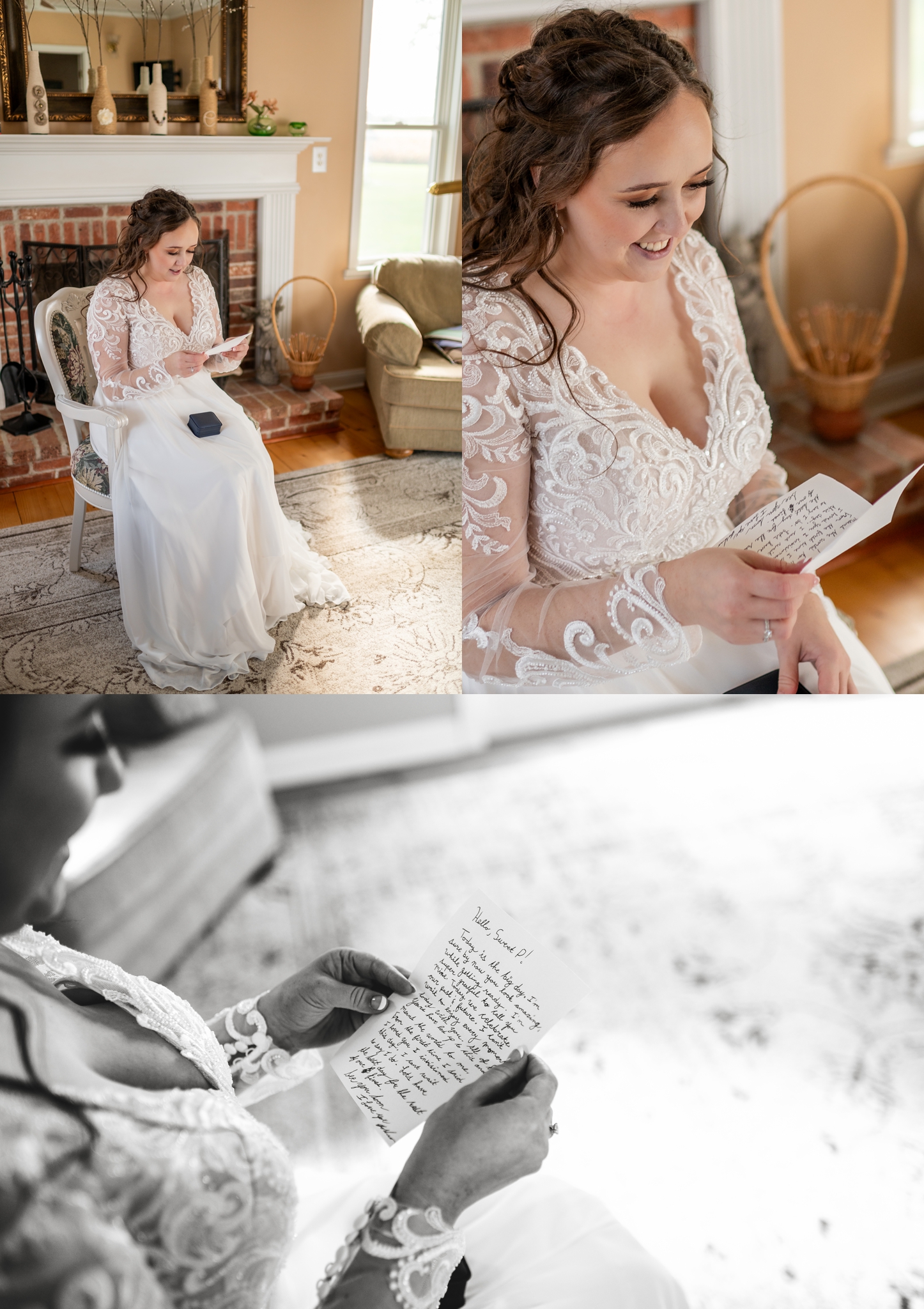 bride reading letter before ceremony from groom