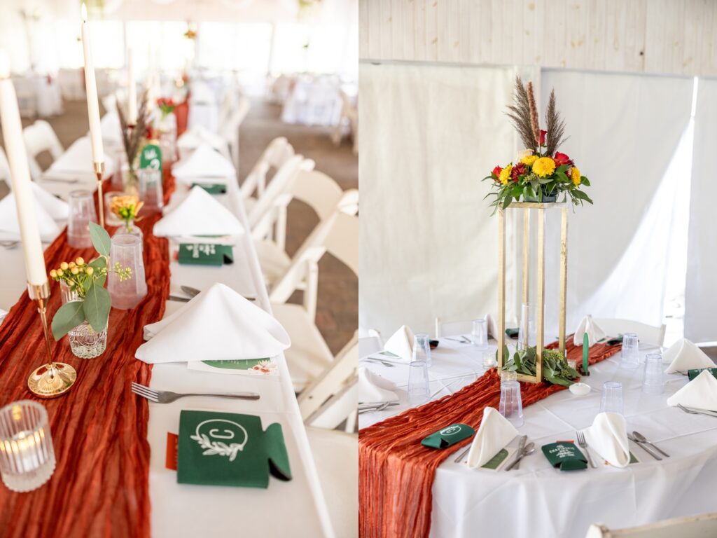 indoor wedding reception details rust and forest green