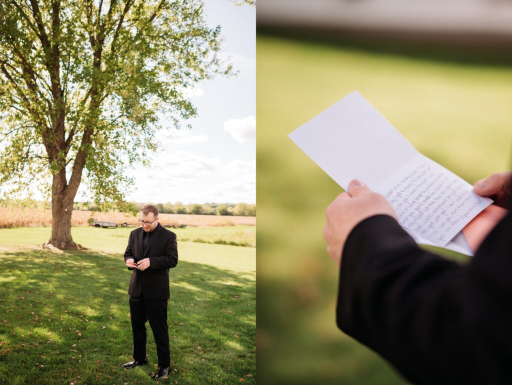 groom reading letter from bride before ceremony