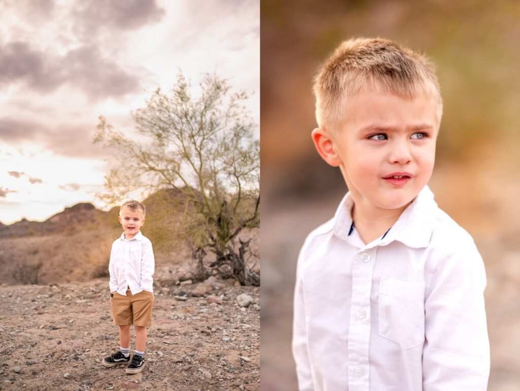 little boy in the arizona desert for family photos