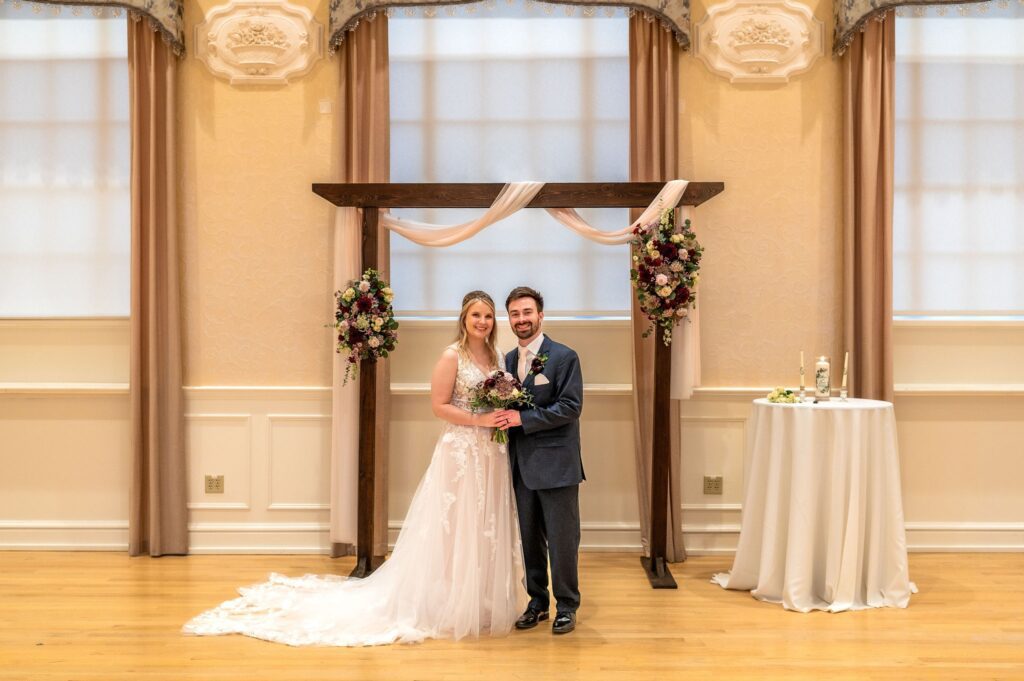 indoor wedding portraits in a ballroom