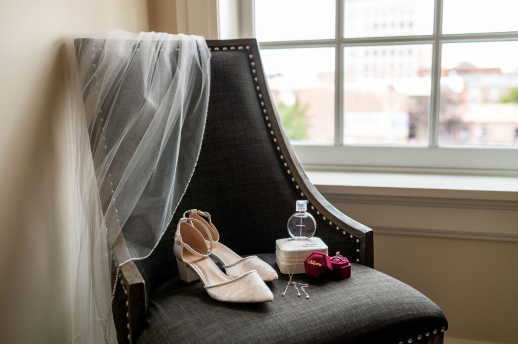bridal details on a gray chair
