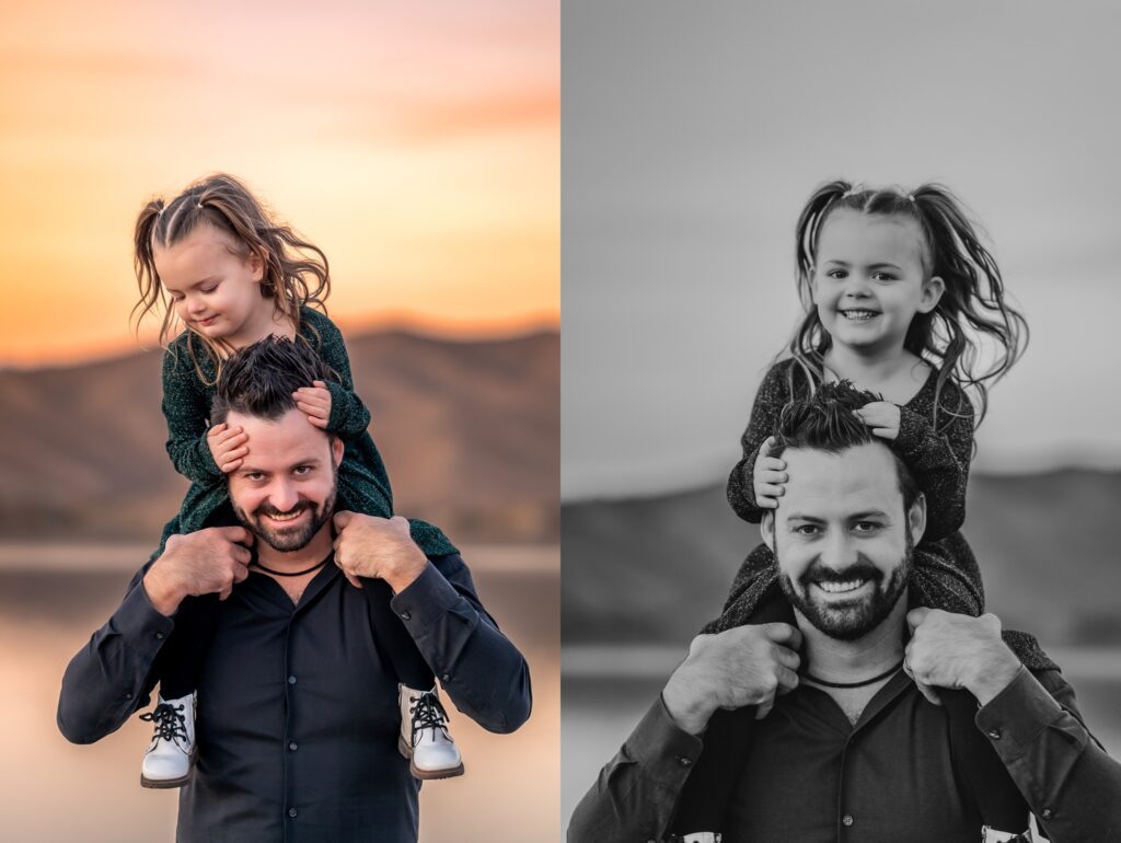 toddler girl on dad's shoulders for family photos