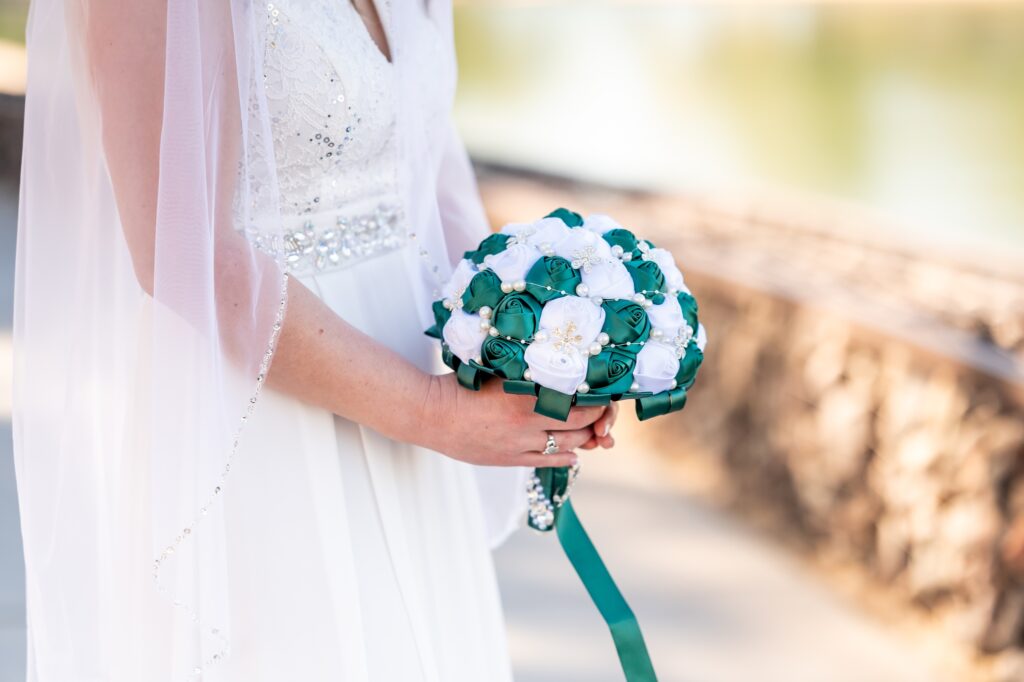 teal and white faux flower bouquet