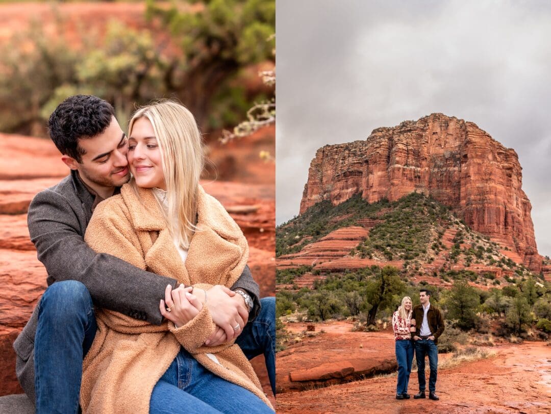 couple snuggling together in sedona for couples photos
