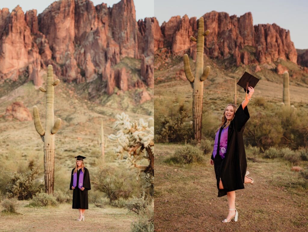cap and gown photos in front of superstition mountain