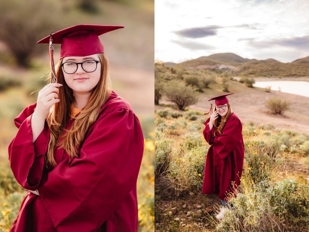 senior girl in maroon cap and gown