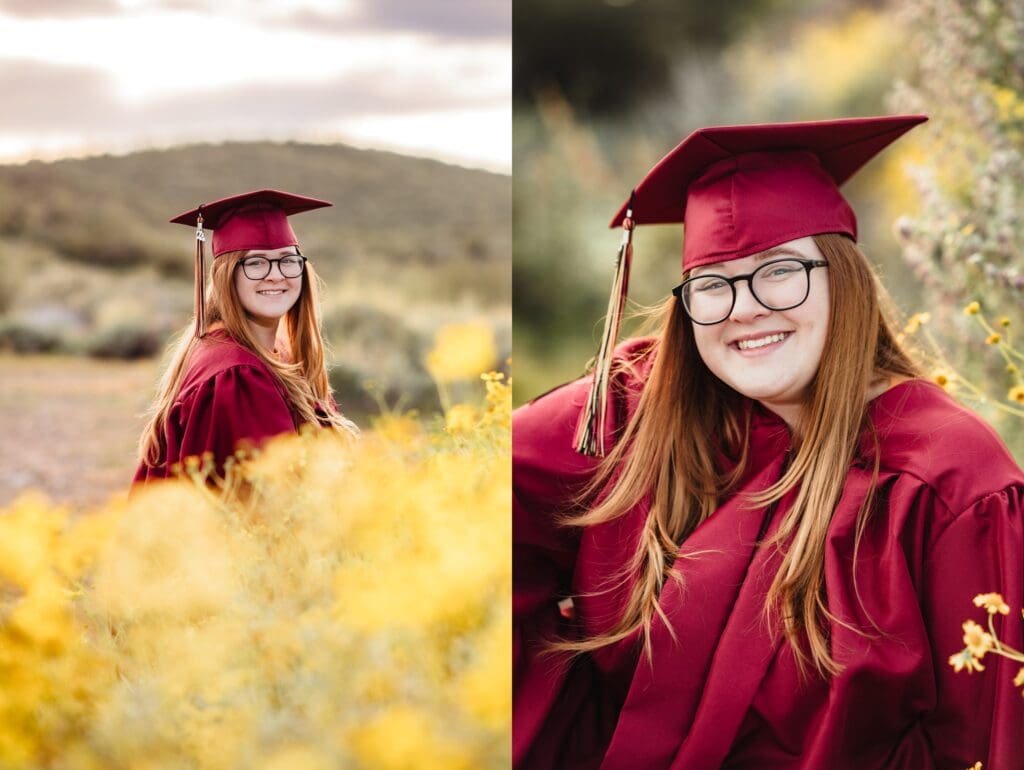 senior girl in a field of yellow wildflowers in Arizona