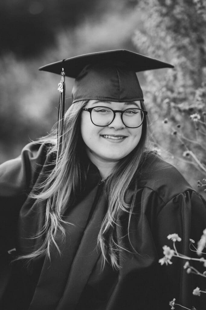 black and white cap and gown senior photos