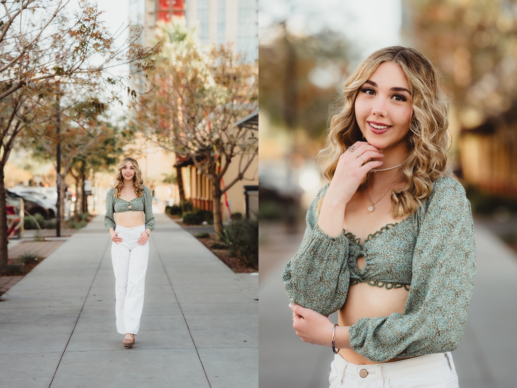 senior girl wearing crop top and white jeans