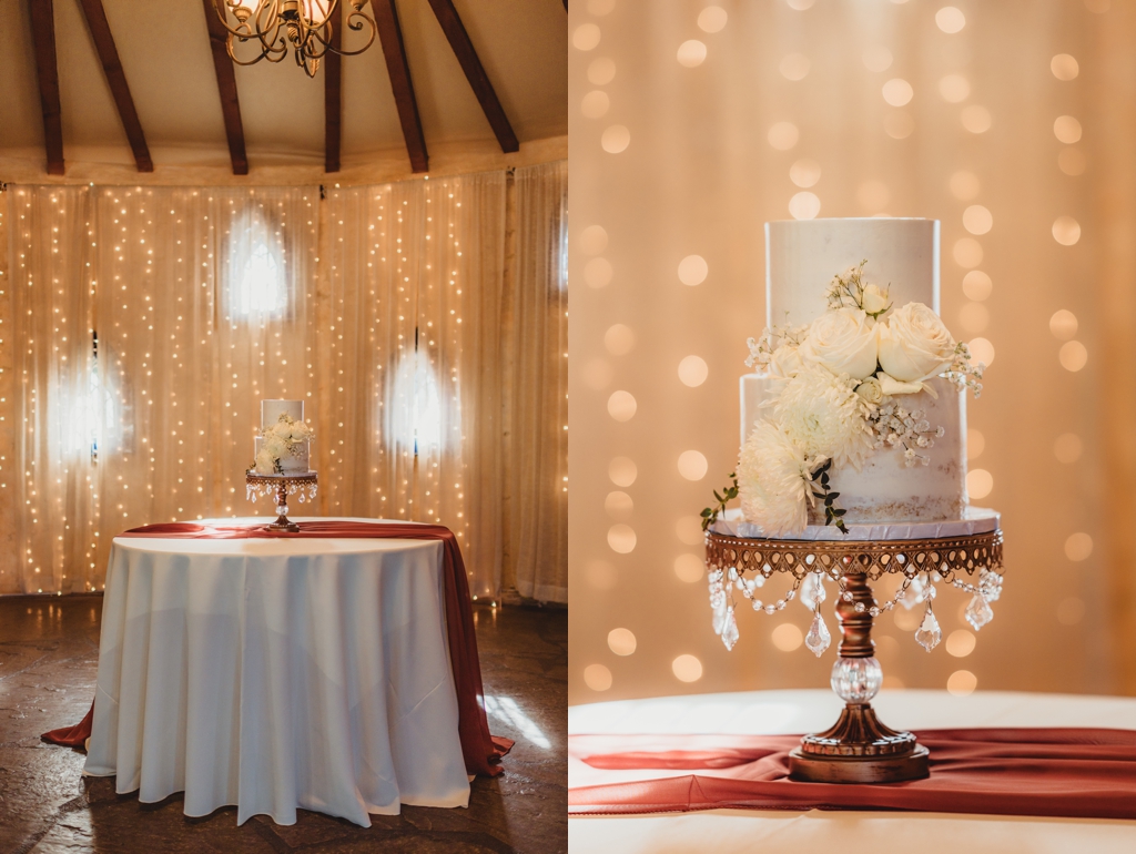cake with a string light curtain behind it