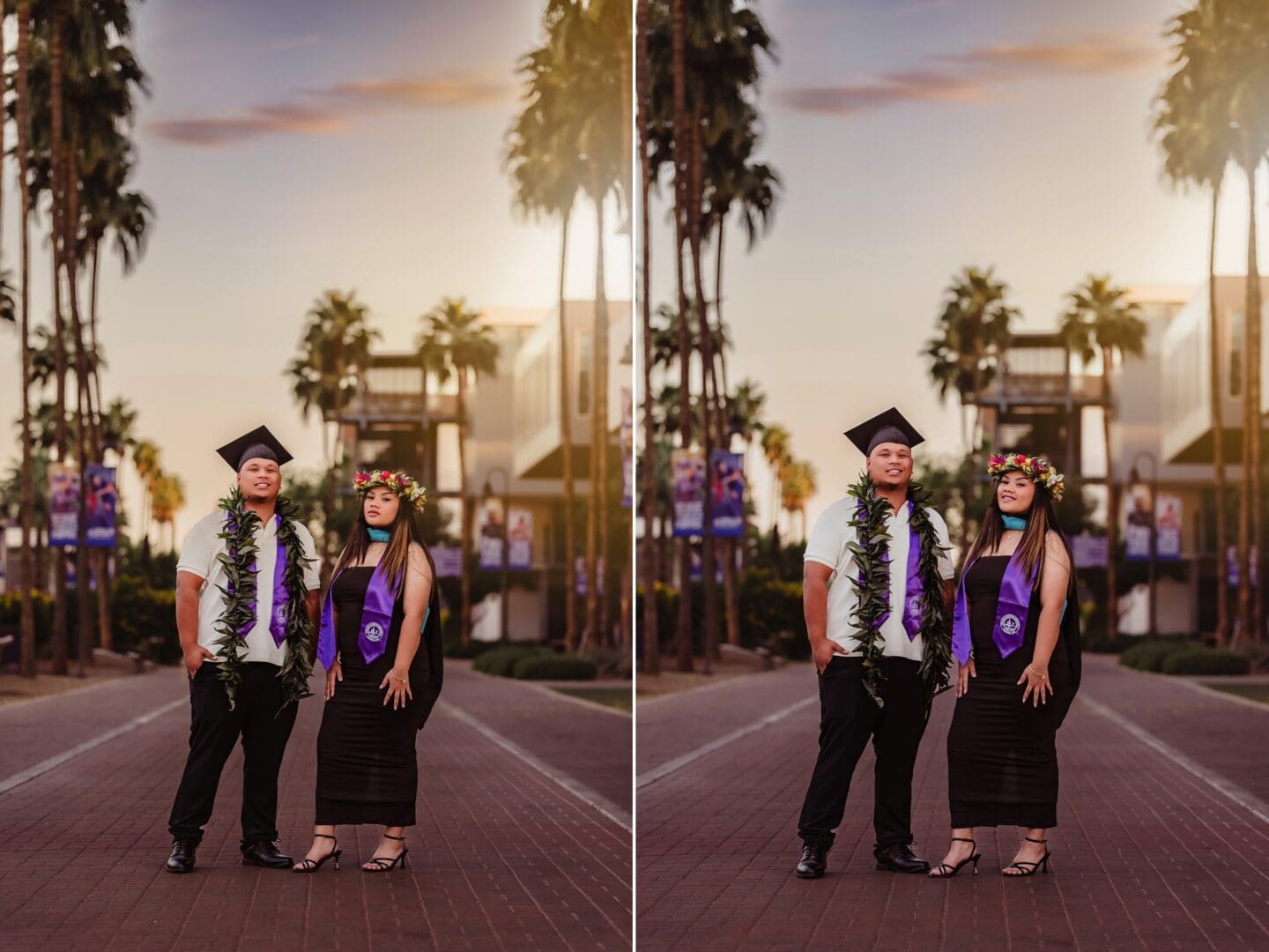 Hawaiian inspired graduation photos with maile style ti leaf lei and haku lei or lei po'o at Grand Canyon University