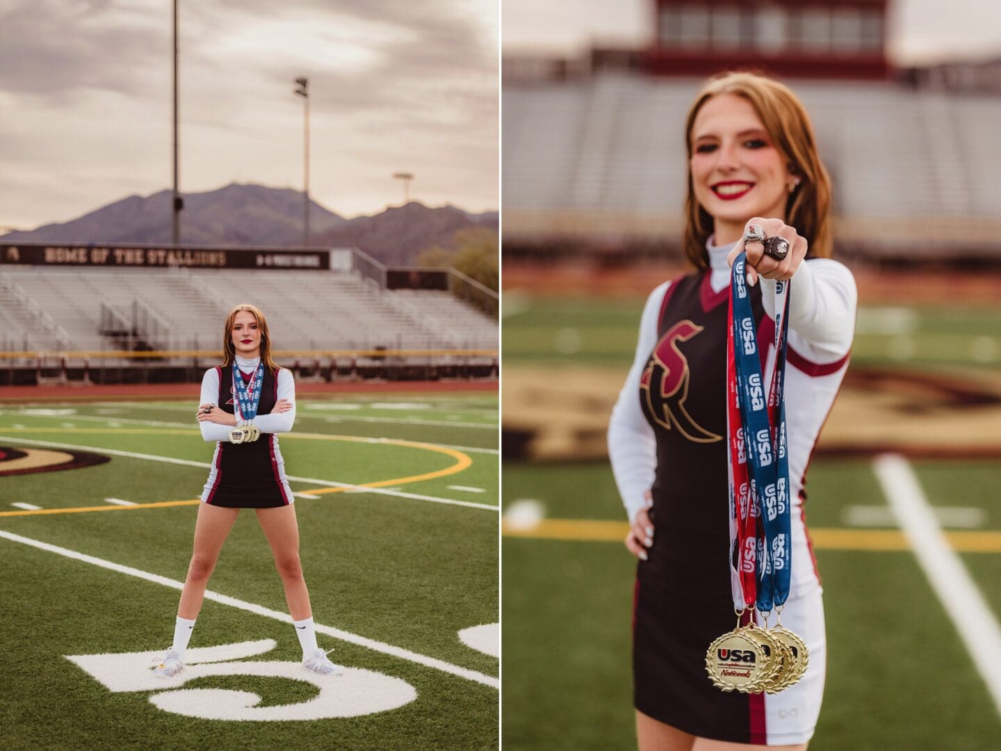 senior athlete showing off championship rings and medals