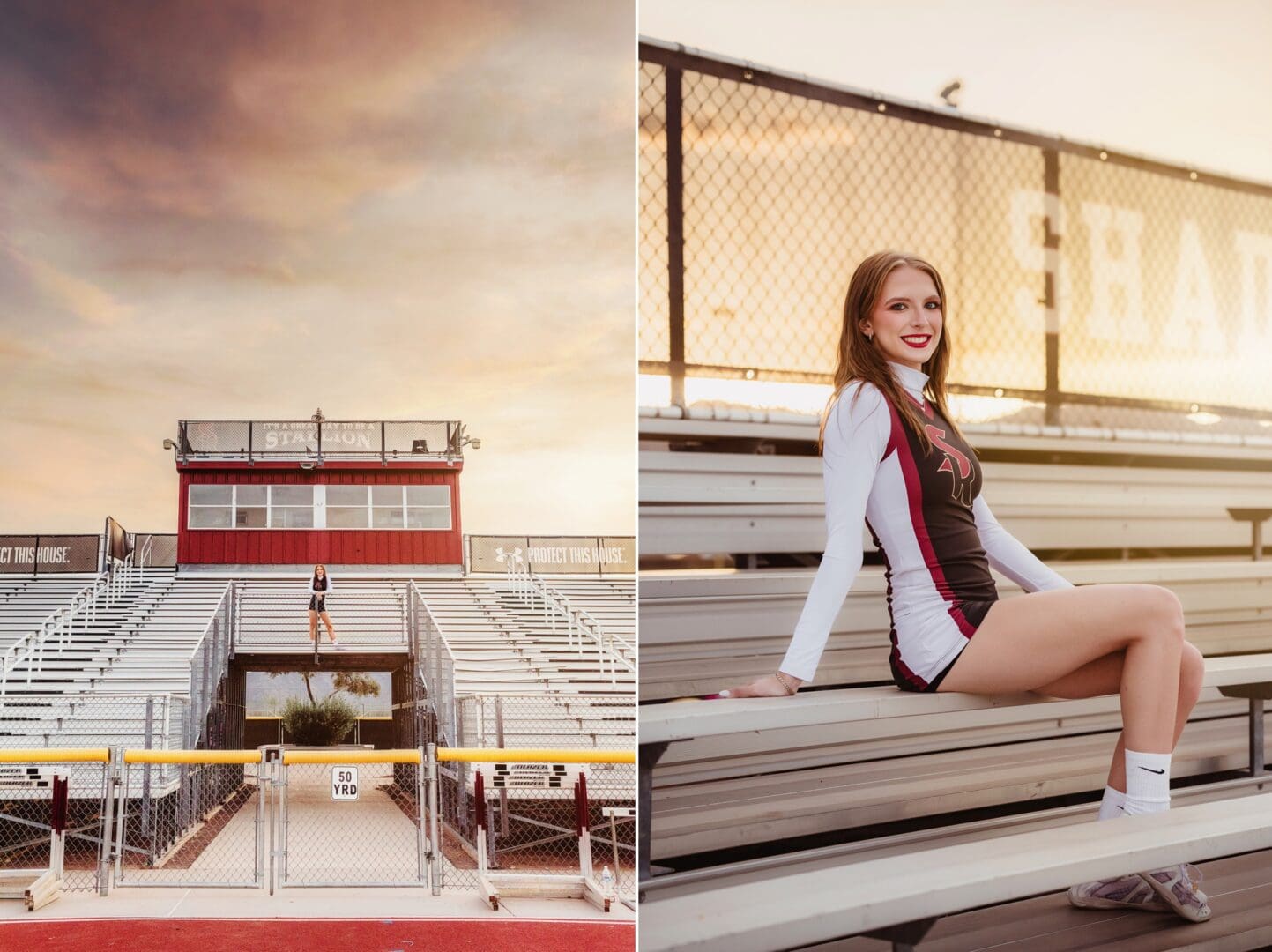 cheerleader senior photos in the bleachers at the football field